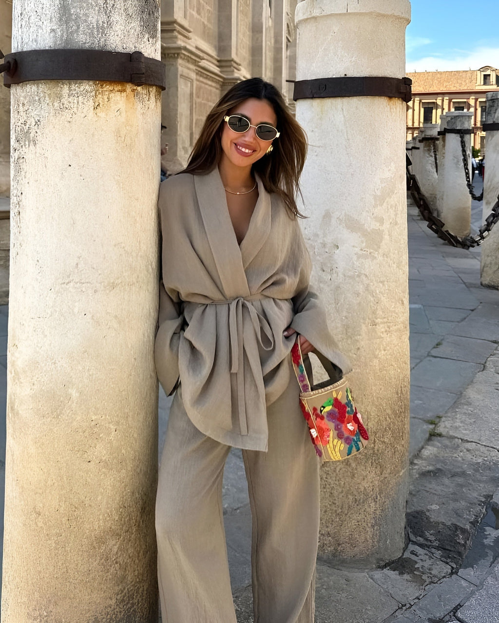 Women's khaki linen two piece set in natural tones