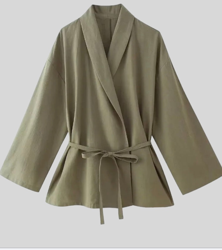 Women's khaki linen two piece set in natural tones