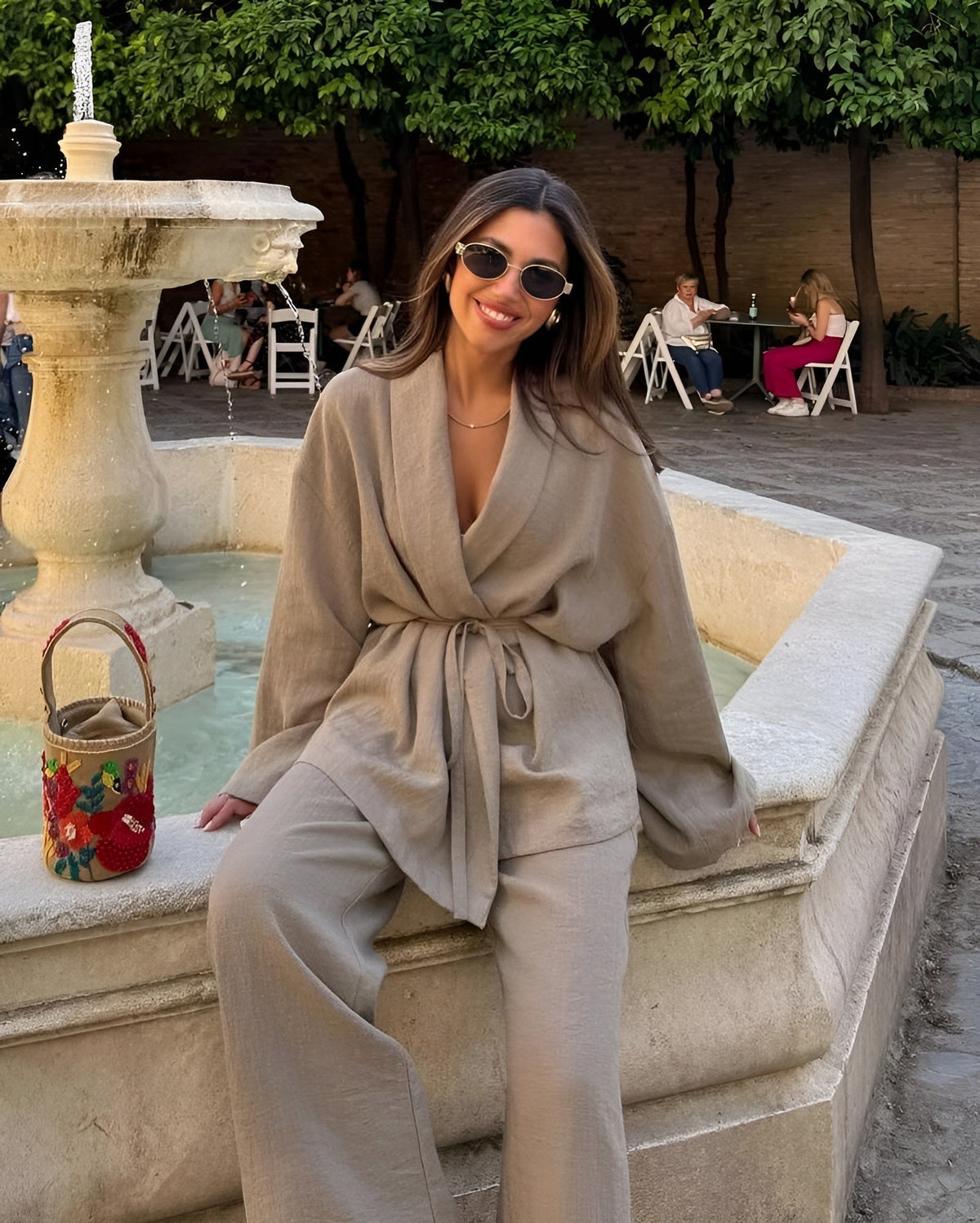 Women's khaki linen two piece set in natural tones