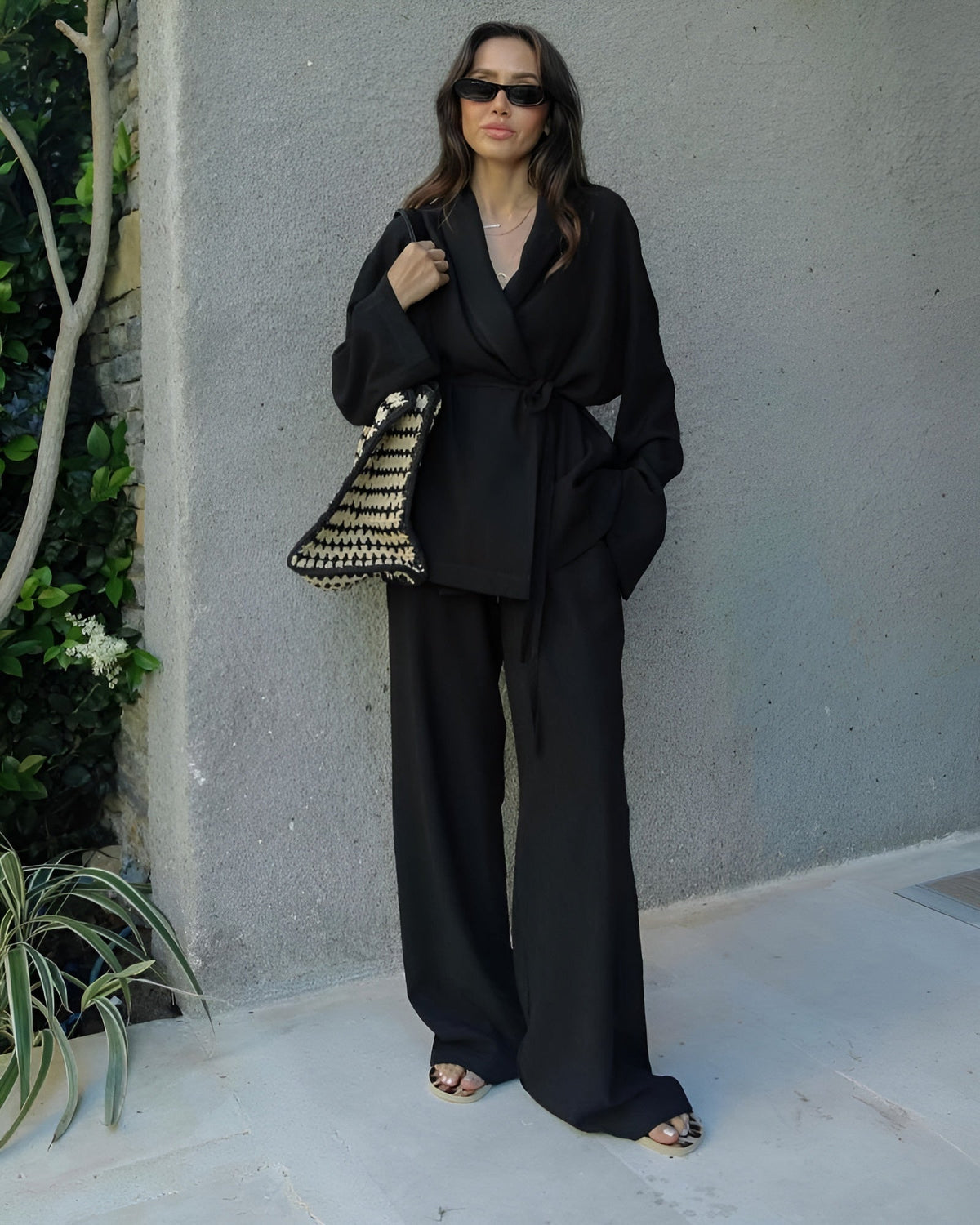 Women's black linen two piece set in natural tones