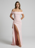 Women's pink off-shoulder maxi dress with side slit