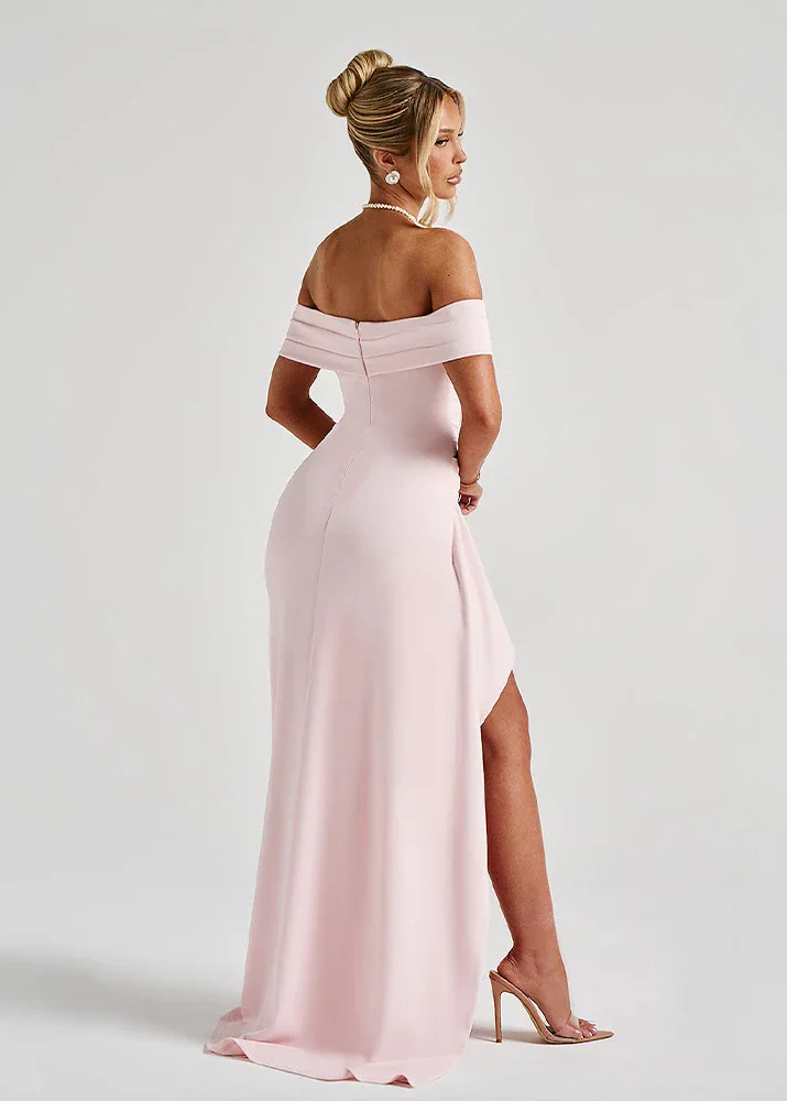 Women's pink off-shoulder maxi dress with side slit