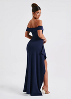 Women's pink off-shoulder maxi dress with side slit