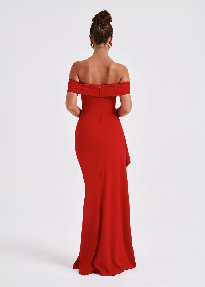 Women's blue off-shoulder maxi dress with side slit