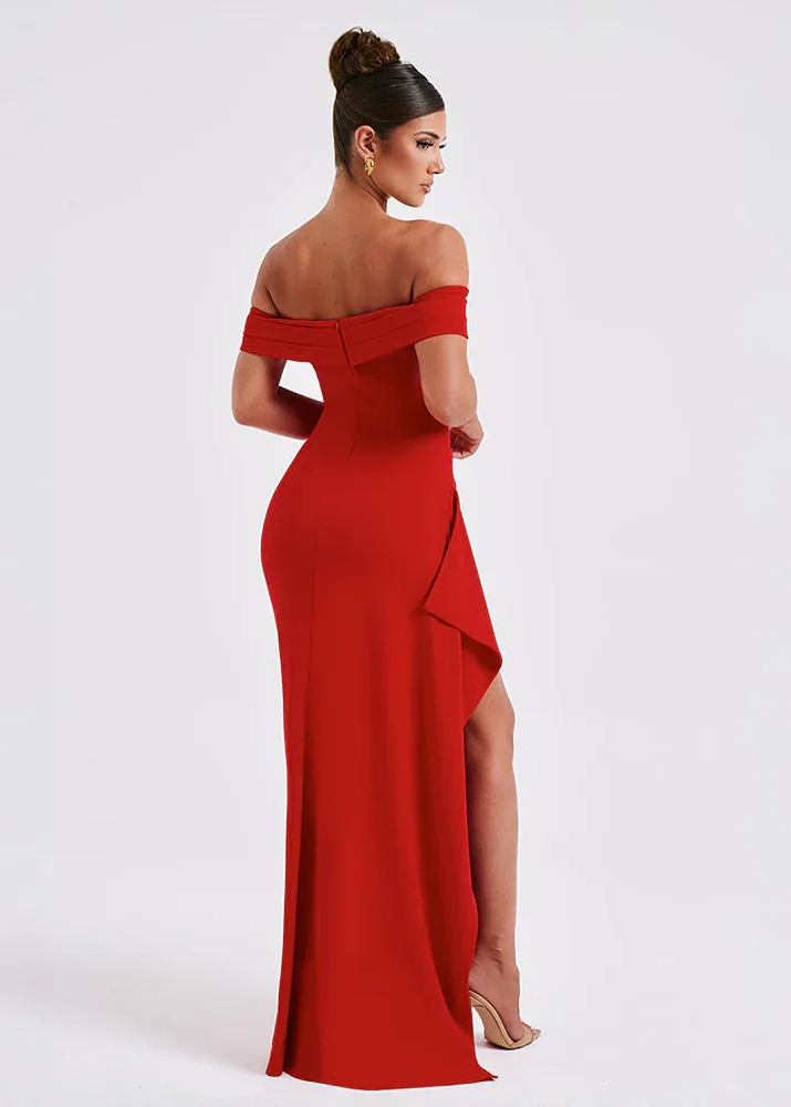 Women's blue off-shoulder maxi dress with side slit