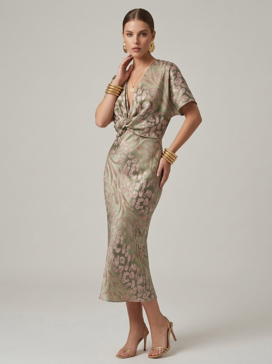 Women's printed midi dress with deep v-neck and front tie detail