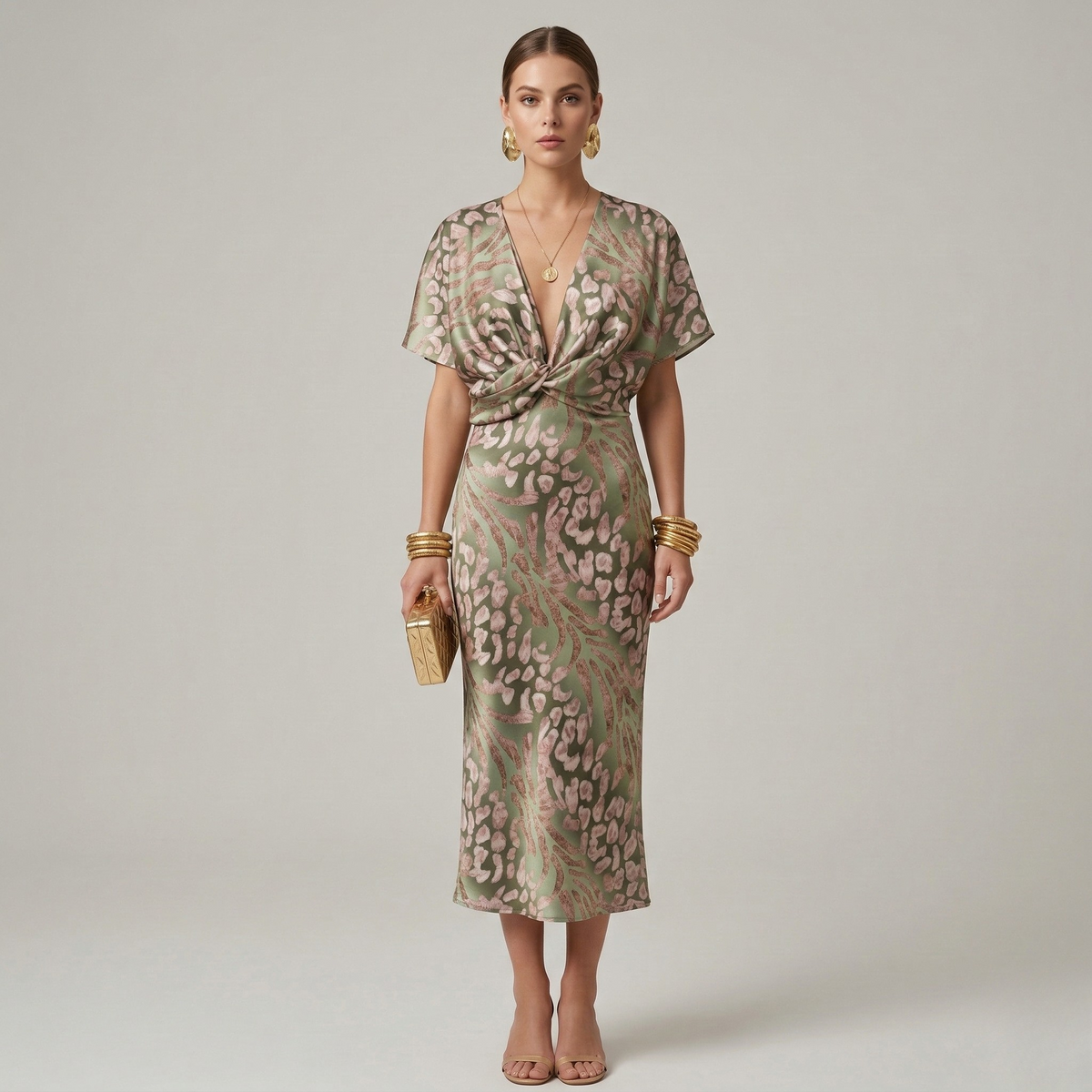 Women's printed midi dress with deep v-neck and front tie detail