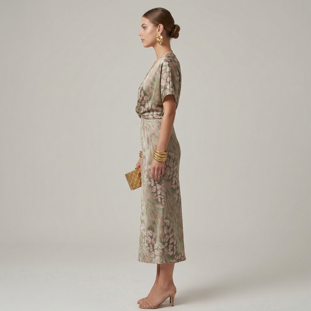Women's printed midi dress with deep v-neck and front tie detail