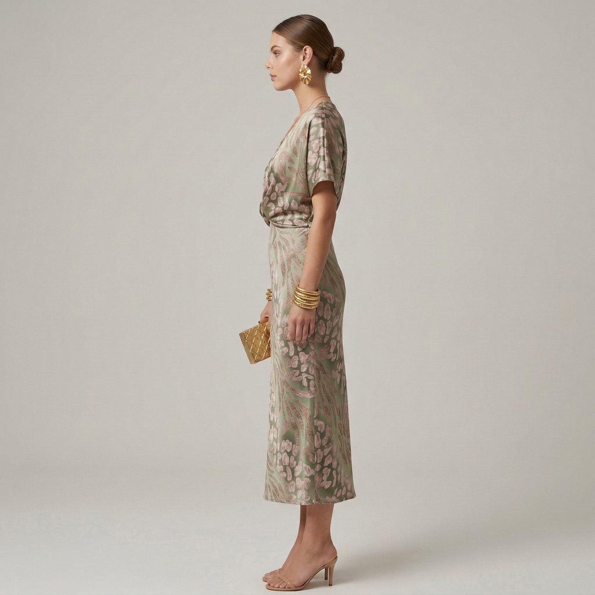 Women's printed midi dress with deep v-neck and front tie detail