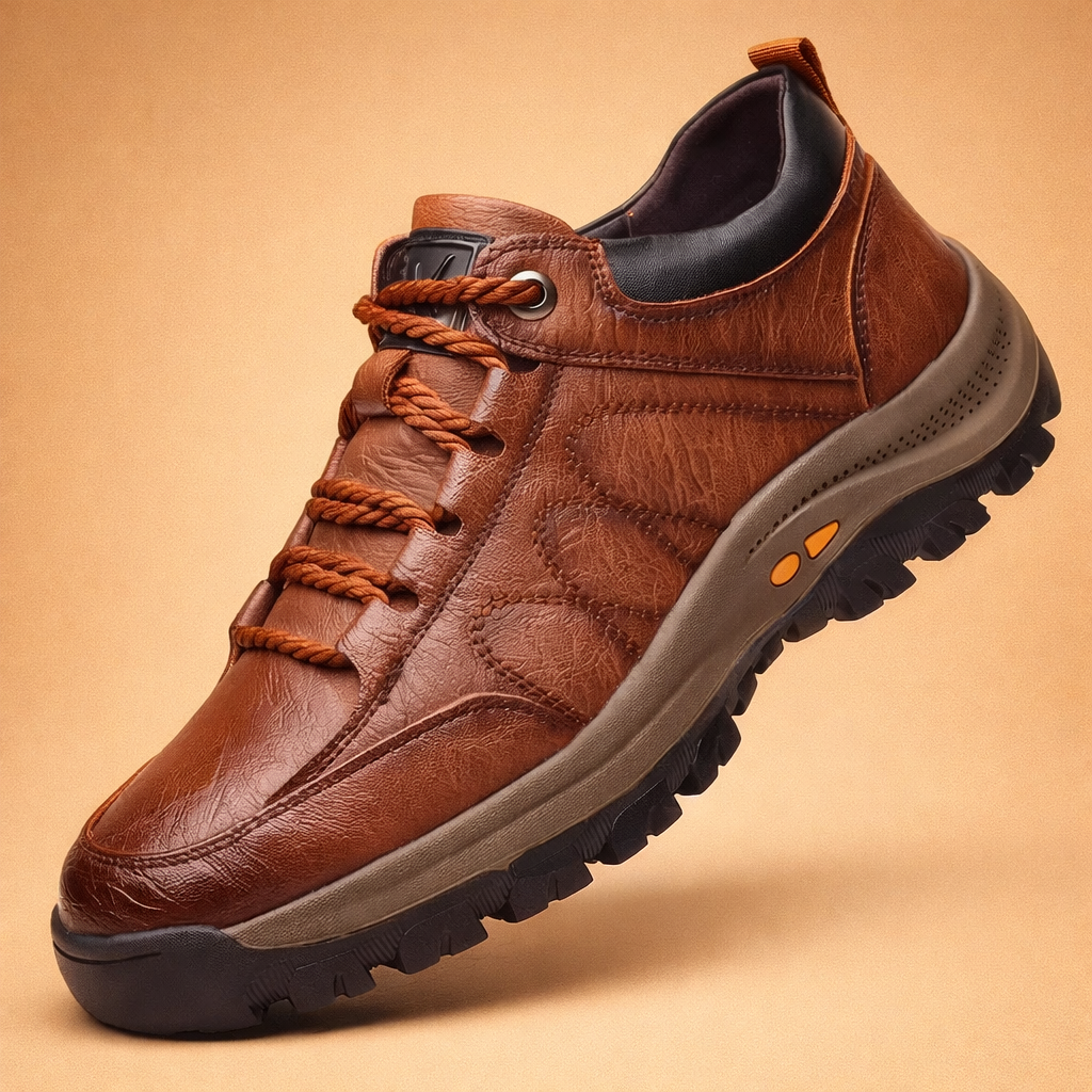 Men's brown hand-stitched leather casual shoes with cushioned sole