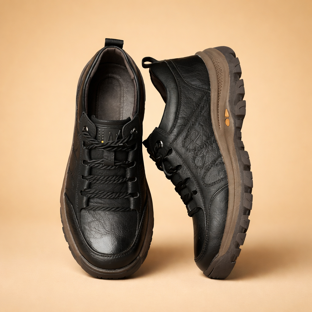Men's brown hand-stitched leather casual shoes with cushioned sole