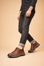 Men's brown hand-stitched leather casual shoes with cushioned sole