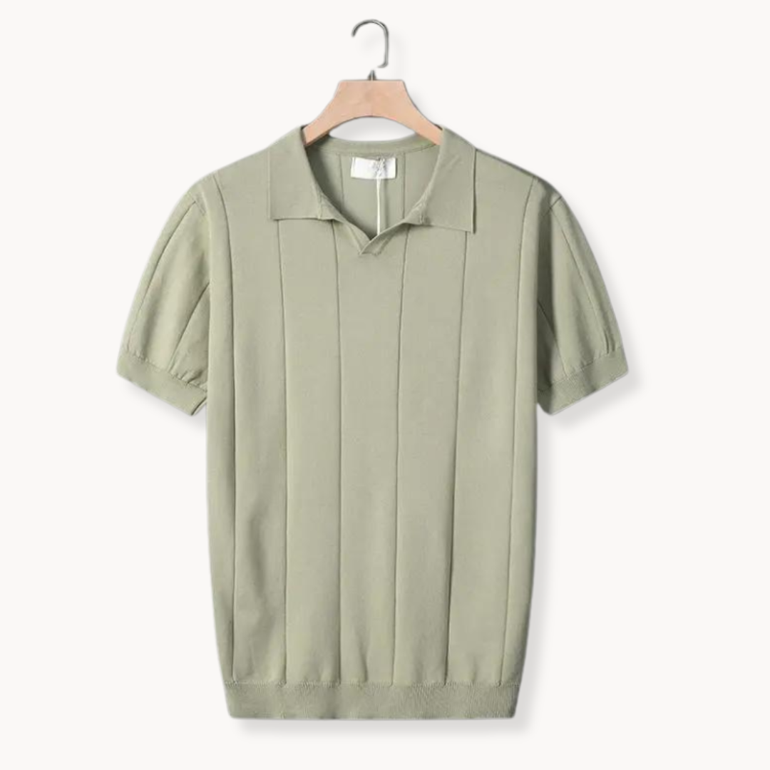 Men's green knitted polo shirt with open v-neck and fine knit