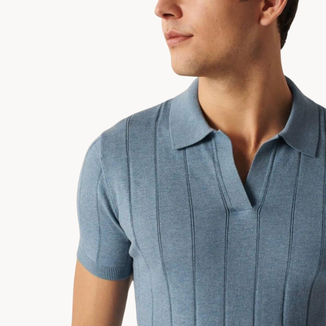 Men's terracotta knitted polo shirt with open v-neck and fine knit