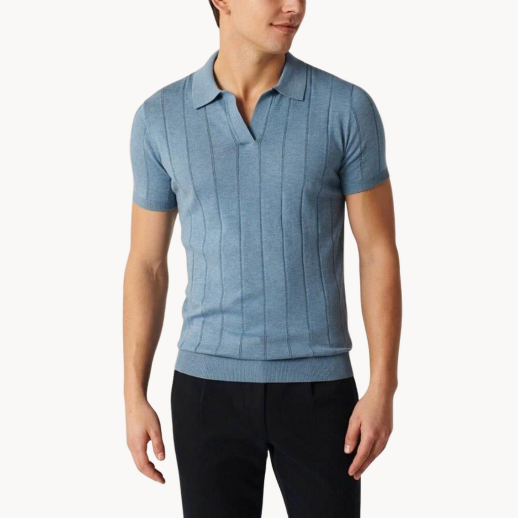 Men's terracotta knitted polo shirt with open v-neck and fine knit