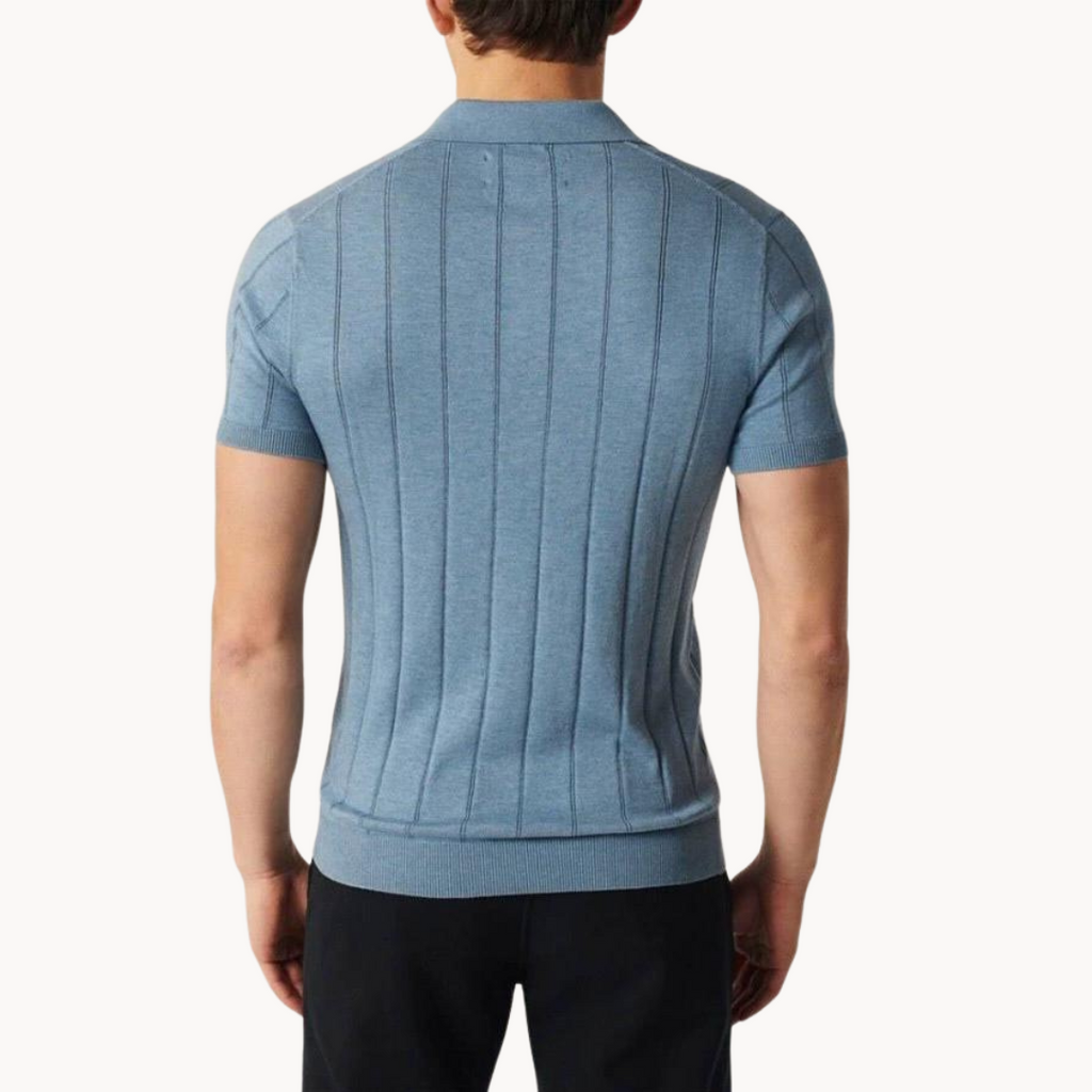Men's blue knitted polo shirt with open v-neck and fine knit