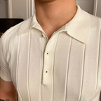 Men's white knitted polo shirt with fine ribbed texture