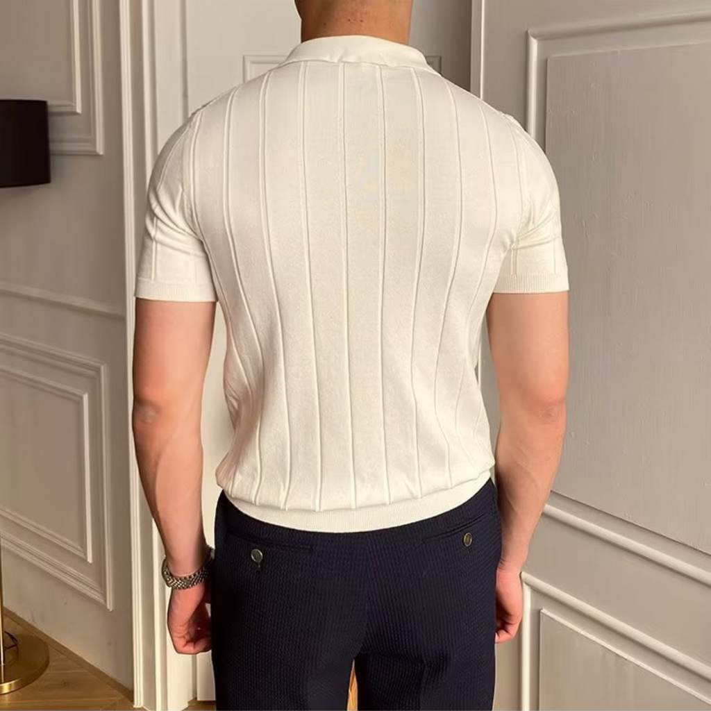 Men's white knitted polo shirt with fine ribbed texture