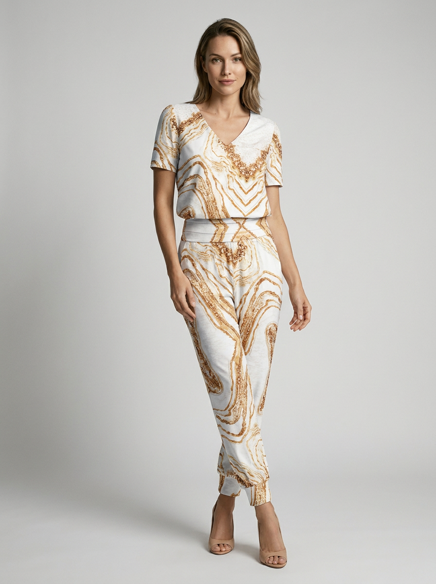 Women's white and gold printed two piece set with v-neck blouse and pants