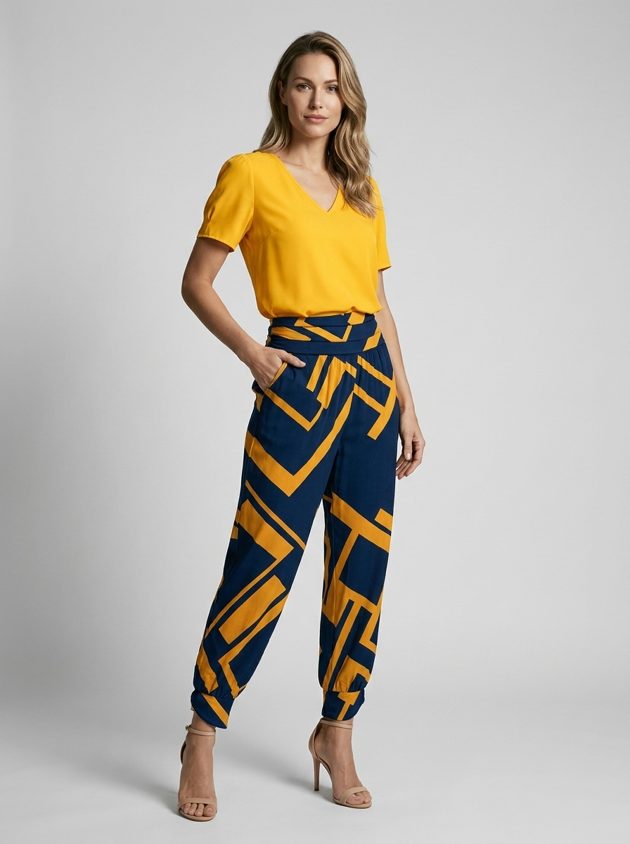 Women's white and gold printed two piece set with v-neck blouse and pants