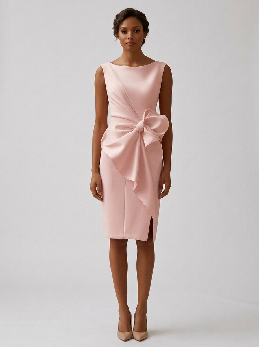 Women's pink draped midi dress with bow detail