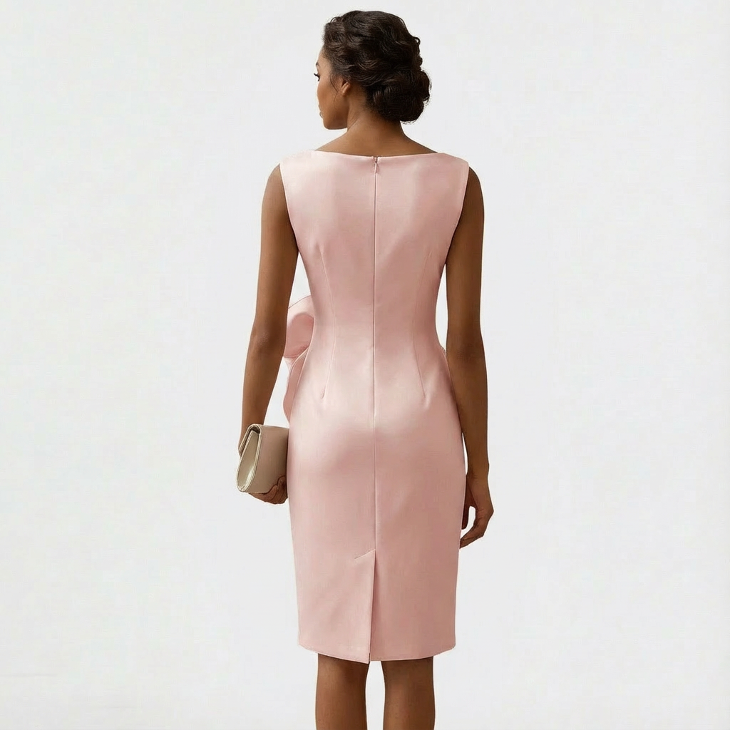 Women's pink draped midi dress with bow detail