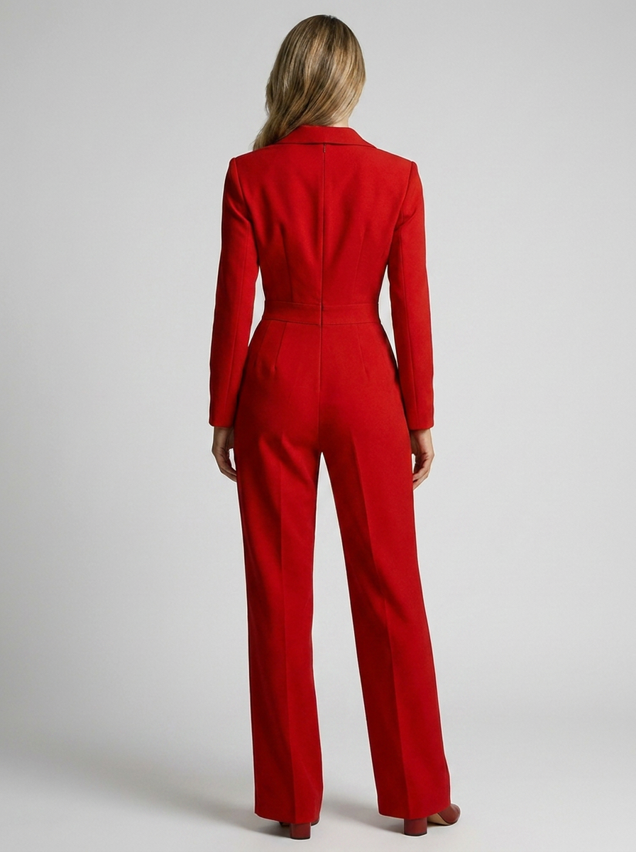 Women's red tailored wide leg jumpsuit with lapels