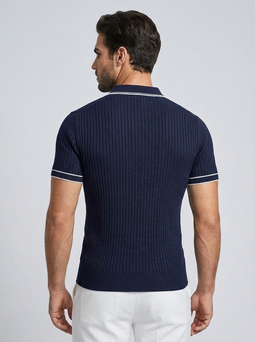 Men's navy blue ribbed polo shirt with contrast trim detail