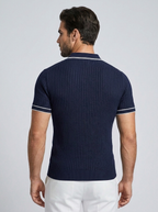 Men's navy blue ribbed polo shirt with contrast trim detail