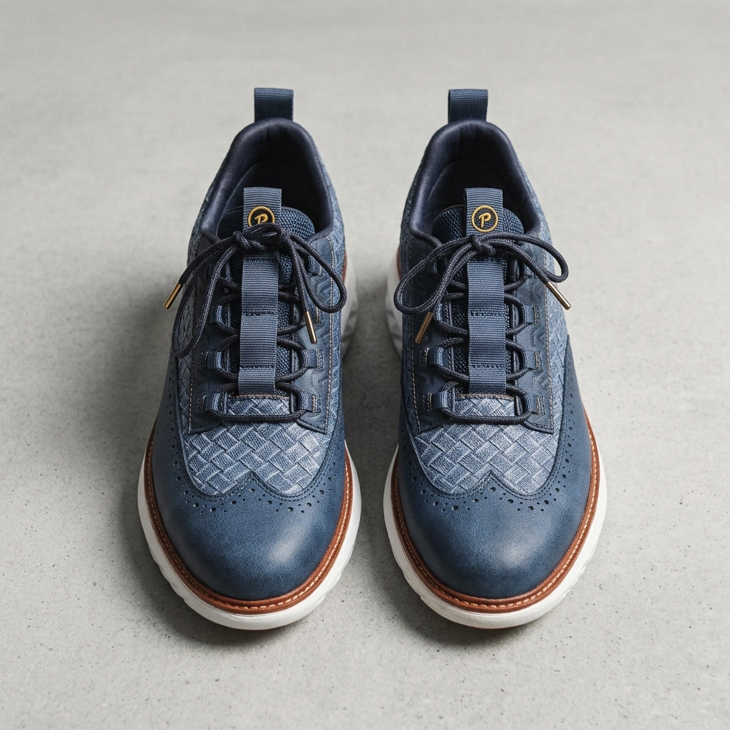 Men's slate blue leather look oxford sneakers with lace-up front