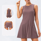 Women's brown tennis dress with built-in shorts and stretch fabric