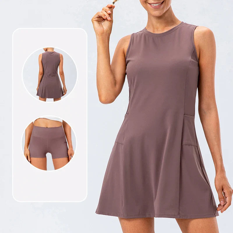 Women's brown tennis dress with built-in shorts and stretch fabric
