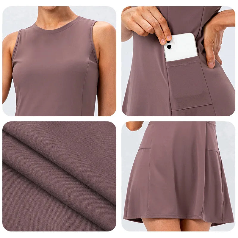 Women's brown tennis dress with built-in shorts and stretch fabric