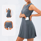 Women's brown tennis dress with built-in shorts and stretch fabric