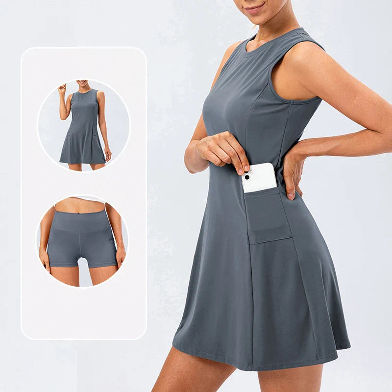 Women's brown tennis dress with built-in shorts and stretch fabric