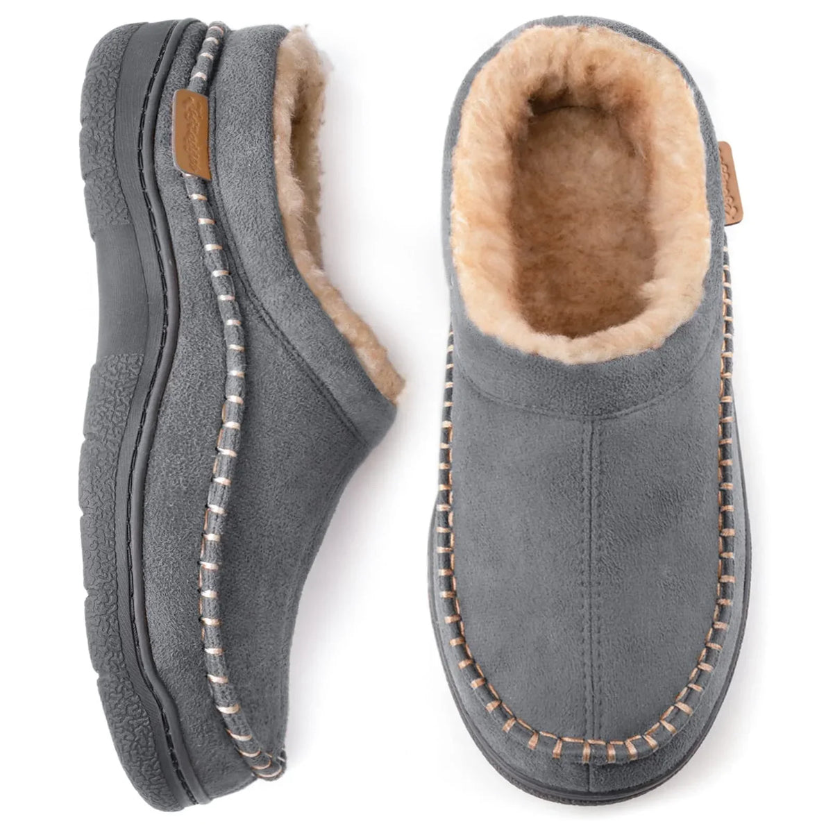 Men's beige warm lined slippers with non-slip sole