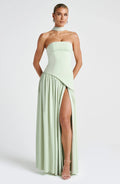 Women's light green strapless maxi dress with side slit and scarf detail