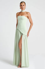 Women's light green strapless maxi dress with side slit and scarf detail