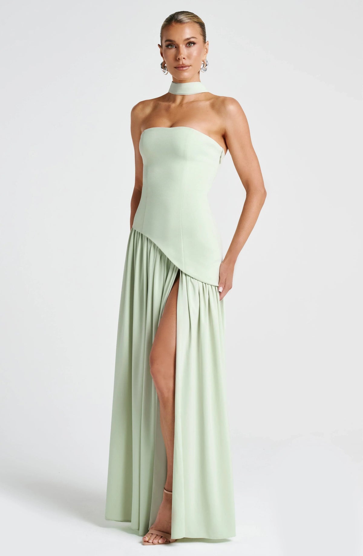 Women's light green strapless maxi dress with side slit and scarf detail