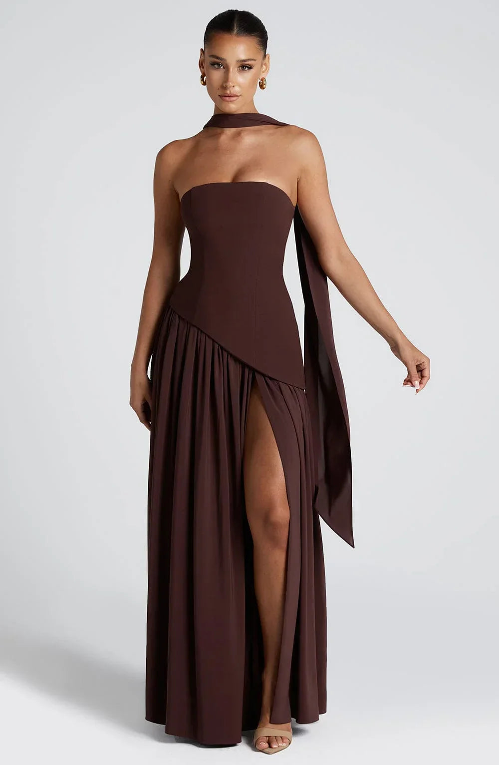 Women's light green strapless maxi dress with side slit and scarf detail