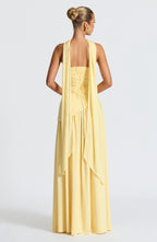 Women's rose strapless maxi dress with side slit and scarf detail