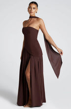 Women's rose strapless maxi dress with side slit and scarf detail