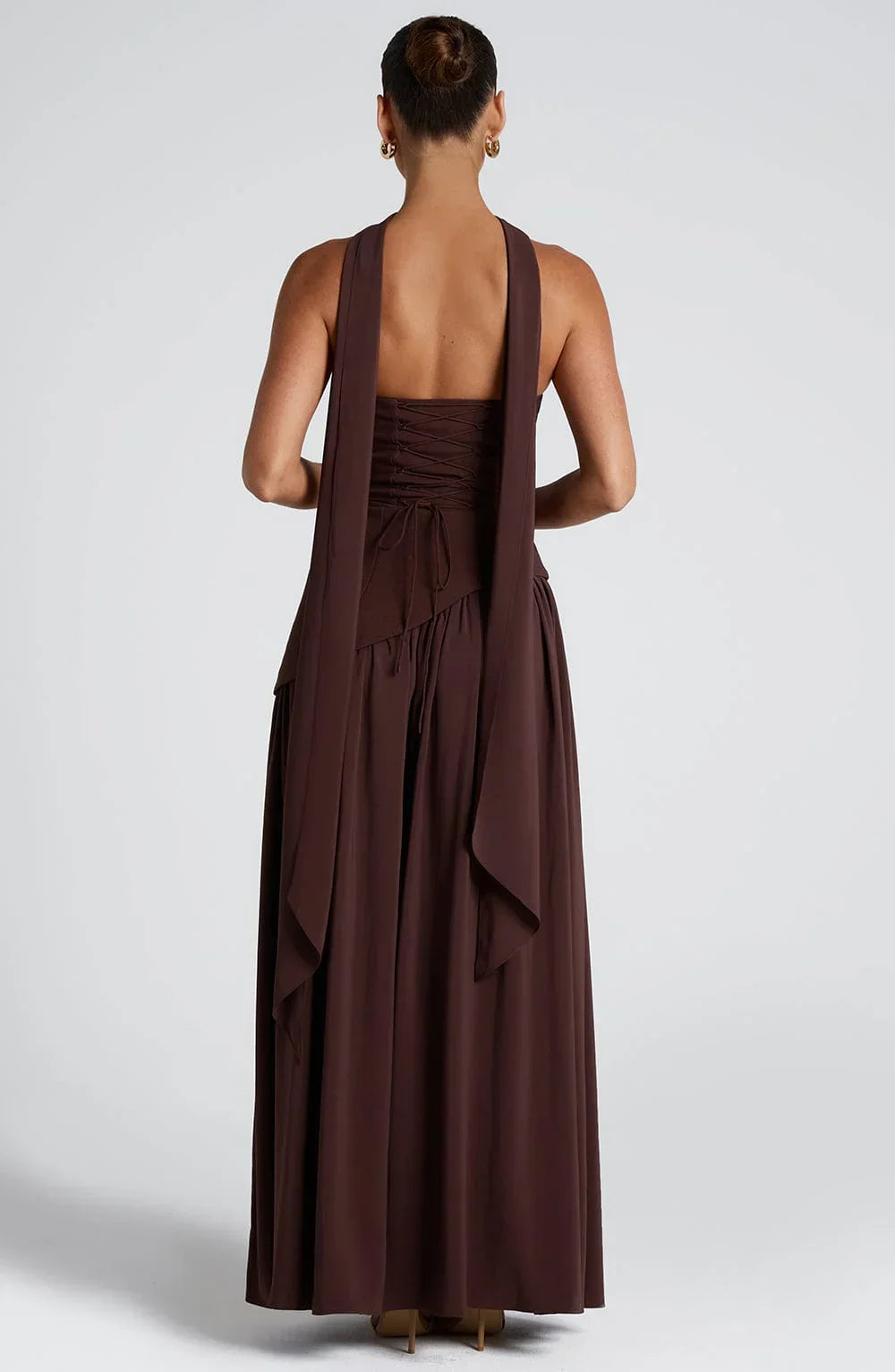 Women's rose strapless maxi dress with side slit and scarf detail