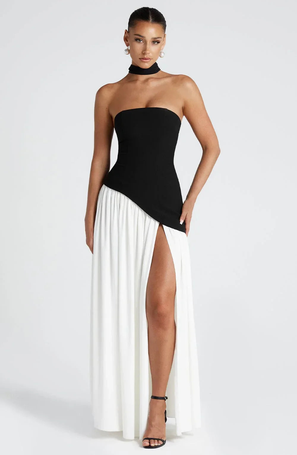 Women's rose strapless maxi dress with side slit and scarf detail