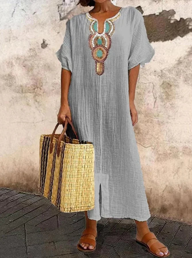 Women's kaftan maxi dress with embroidered neckline