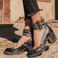 Women's black block heel ankle strap shoes