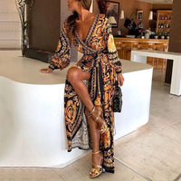 Eva | Women's Baroque Print Wrap Maxi Dress with Long Sleeves, Side Slit