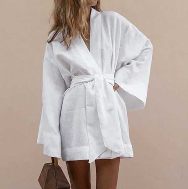 Women's white kimono wrap dress with tie belt