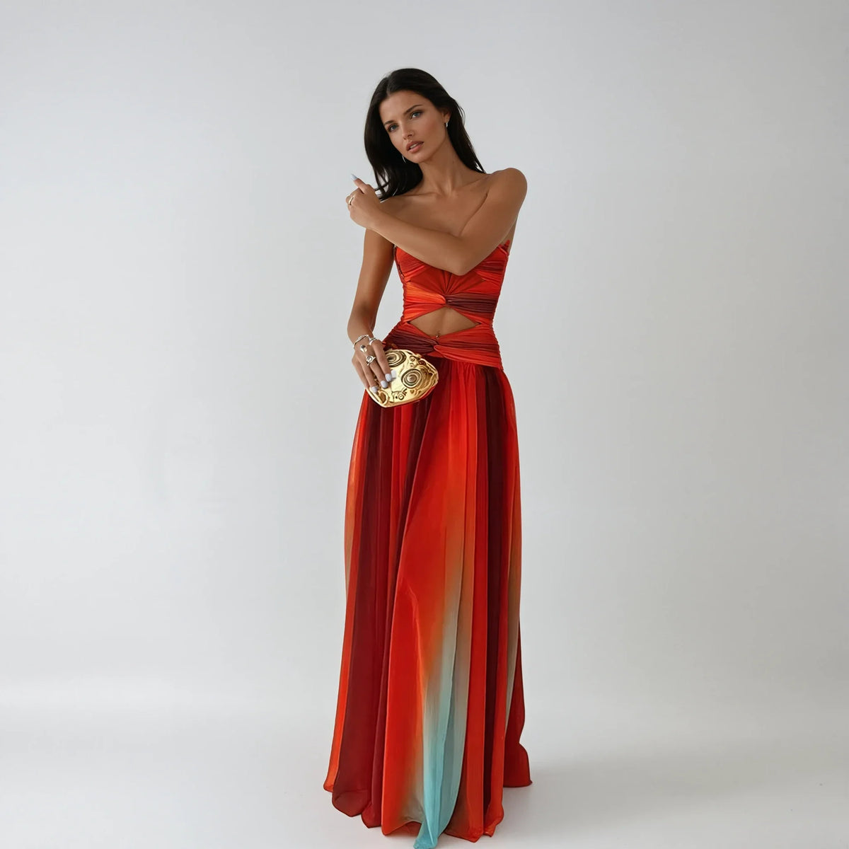 Women's strapless maxi dress with front knot detail