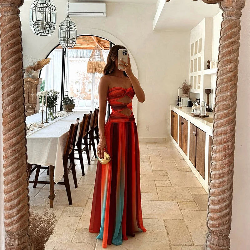Women's strapless maxi dress with front knot detail